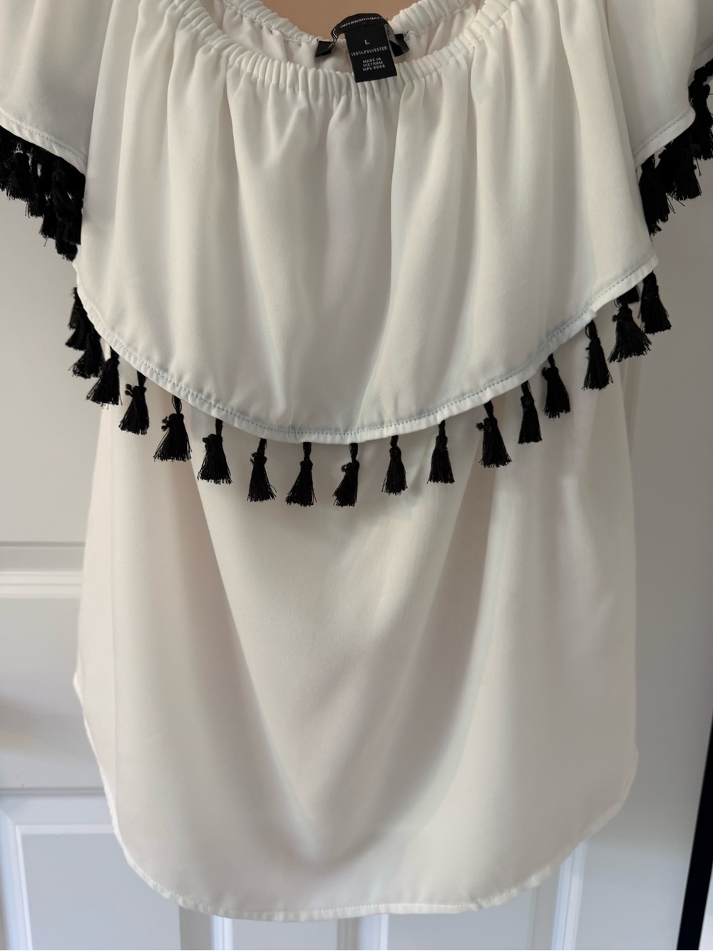 INC International Concepts White Off-Shoulder Top with Black Tassel Trim